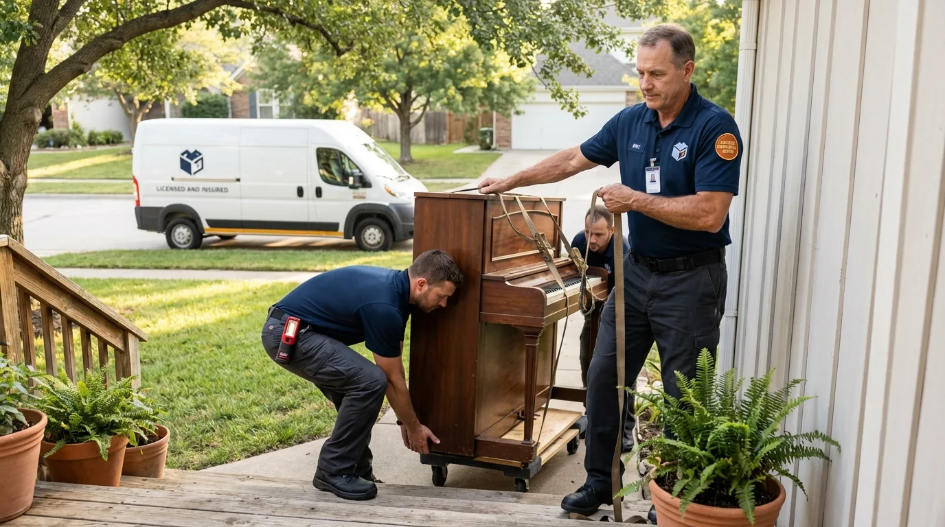 Licensed piano movers securing grand piano in Hillsborough, NH