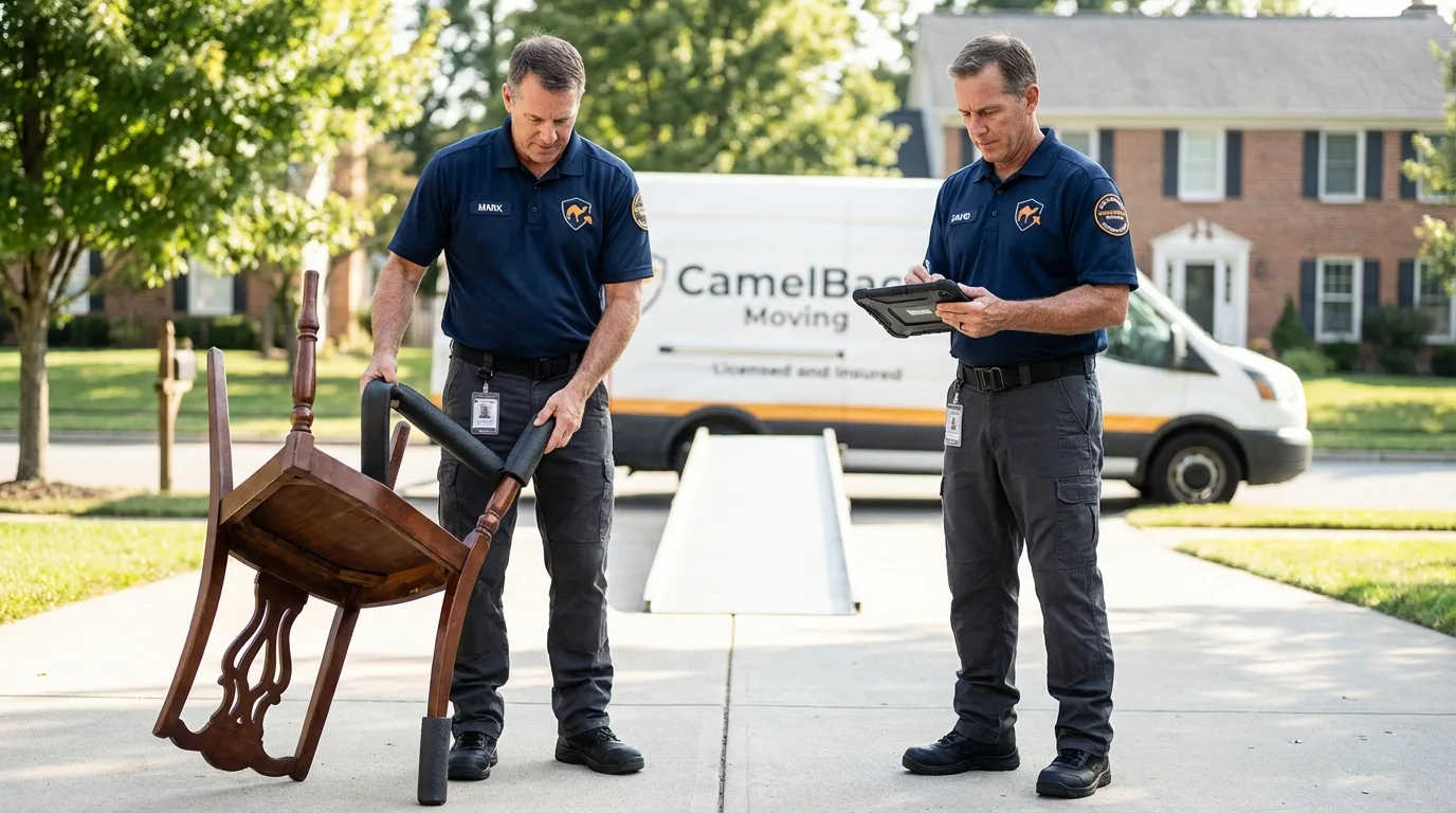 Movers inspecting furniture for damage prevention before loading in Hillsborough, NH