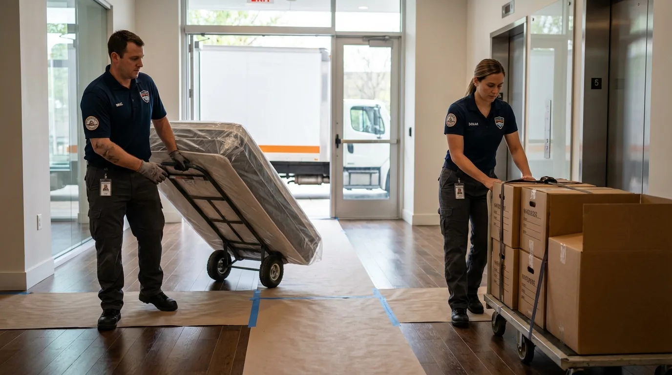 Professional apartment movers loading elevator in Hillsborough, NH