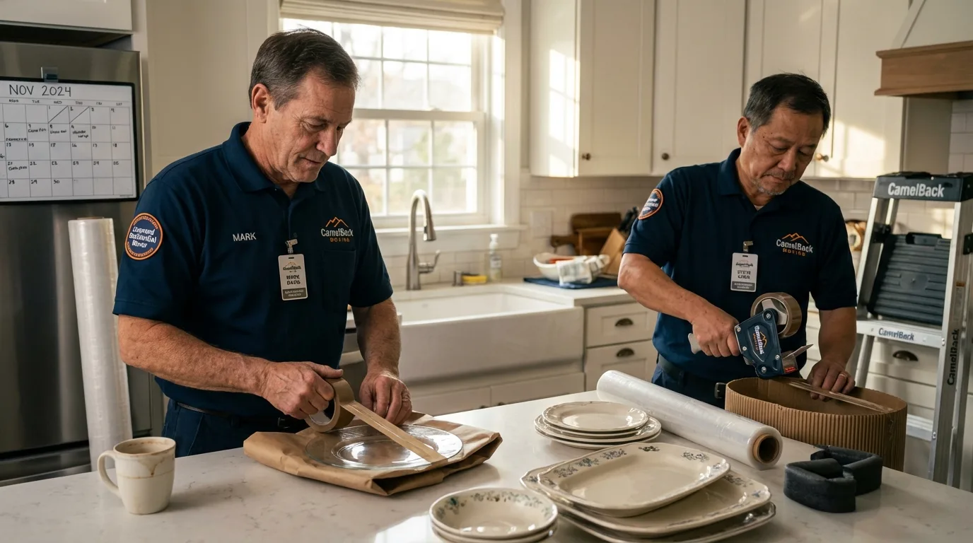 Professional crew packing kitchen dishware in Hillsborough, NH